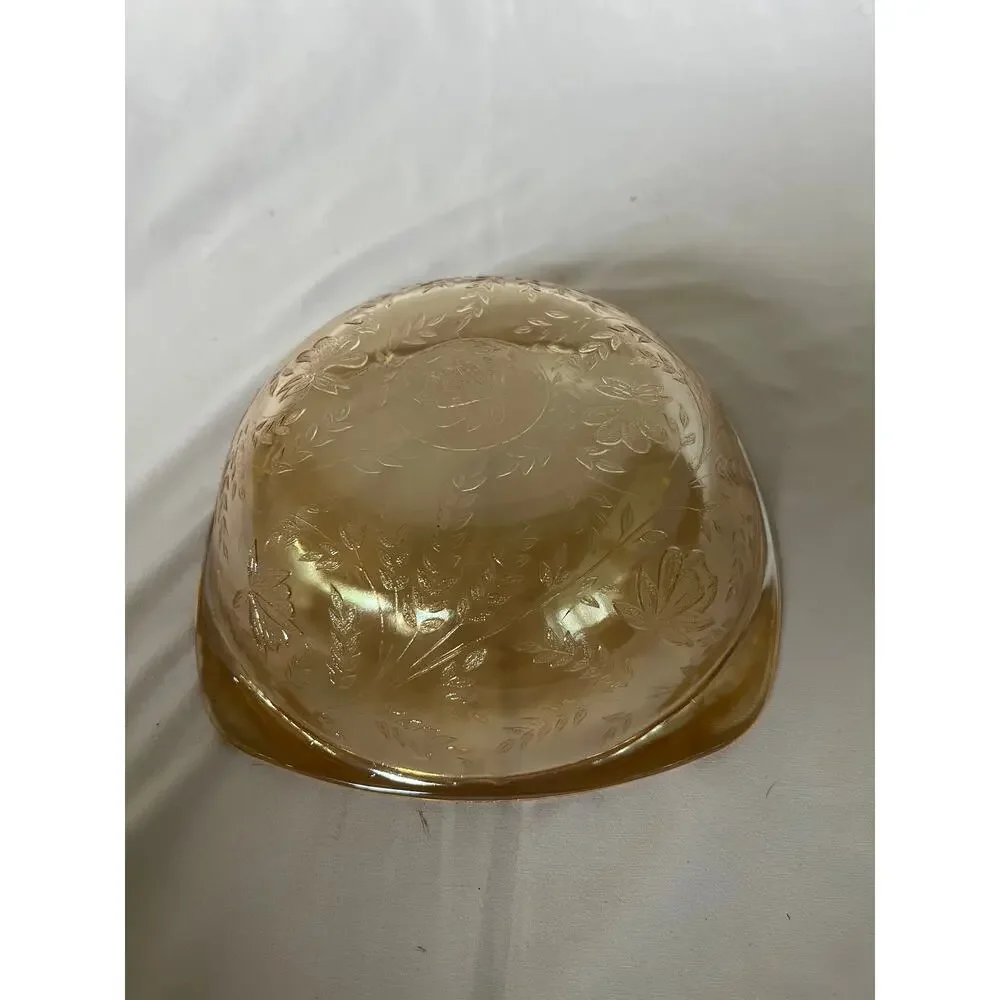 Jeannette Floragold Louisa Marigold Carnival Glass Ruffled Bowl Iridescent 9in